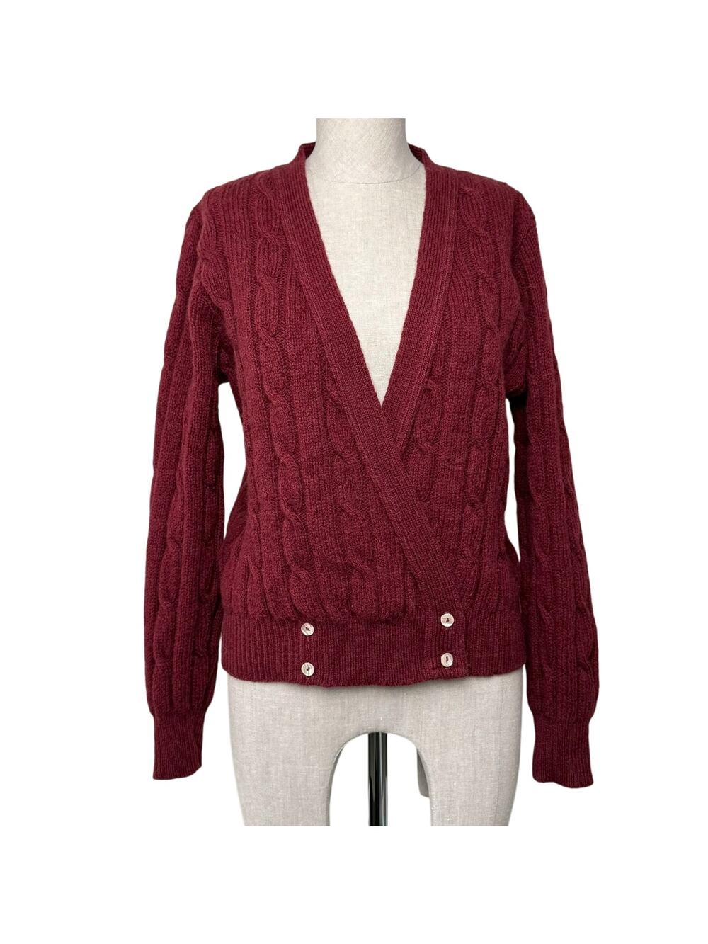 Vintage Cambridge Spirit Wool Surplice Cardigan Cable Knit Burgundy USA Loomed